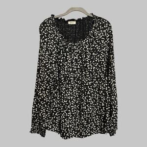Style & Co Peasant Black White Floral Long Sleeve Top XXL Office Cottagecore